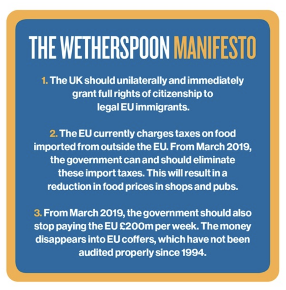 Wetherspoon manifesto on a beer mat. An example of when personal politics bleeds into a brand.